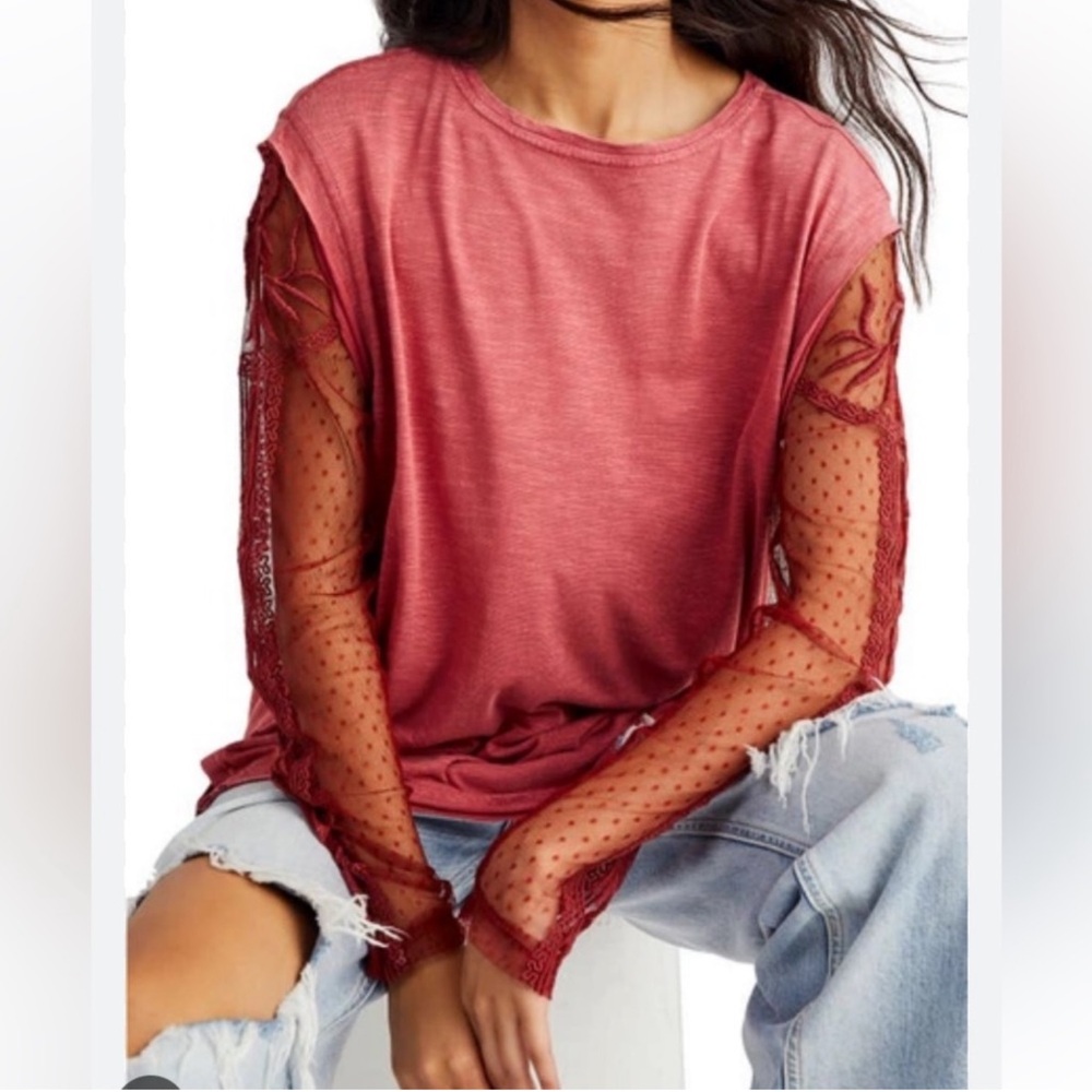 Free People Billie Jean Twofer Tee Floral Lace Mesh Sleeves Maroon Wine Color